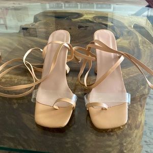 Soft leather lace up nude and clear heels